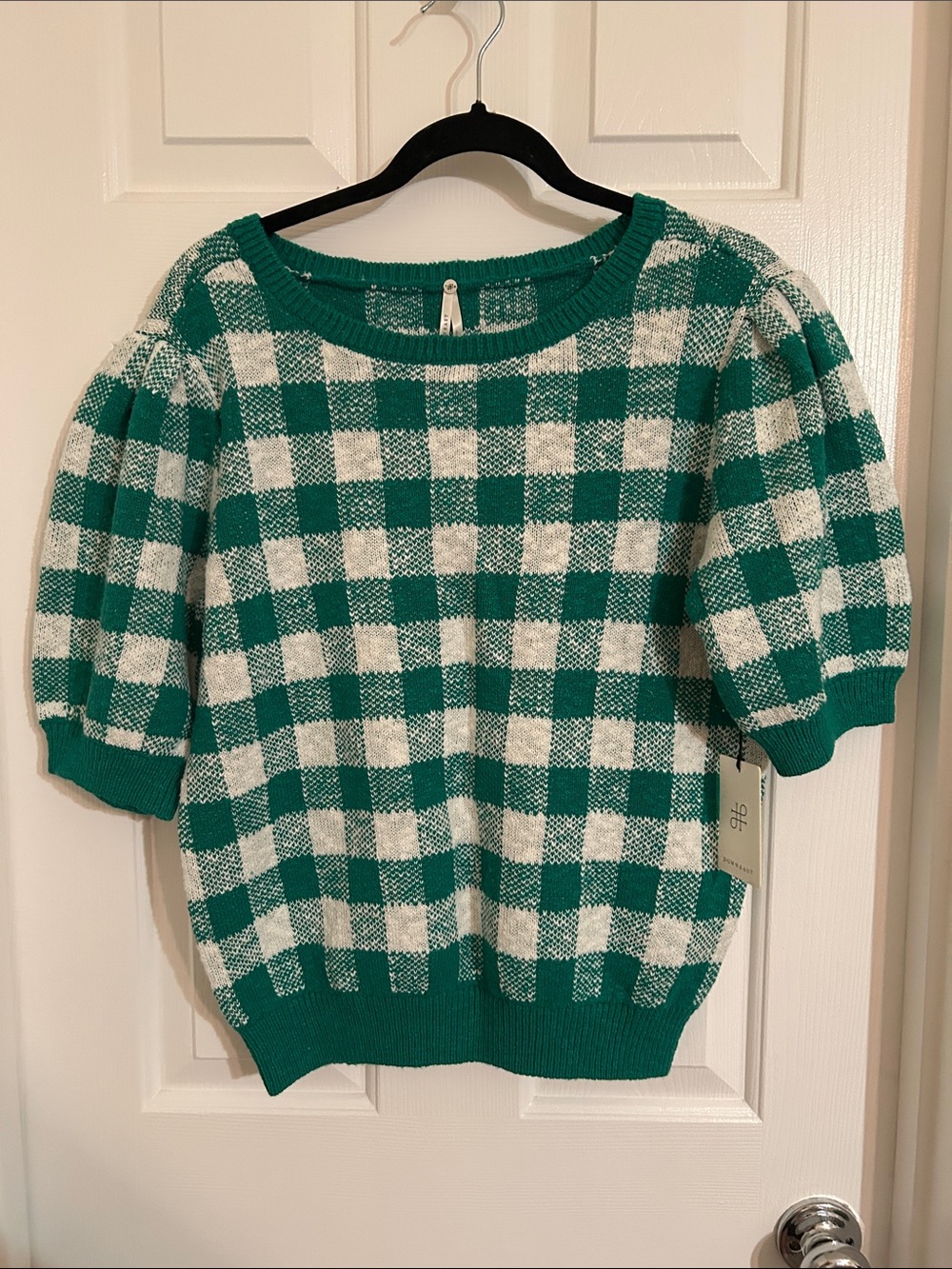 DownEast Green and White Check Puff-Sleeve Crew Sweater 100% Cotton